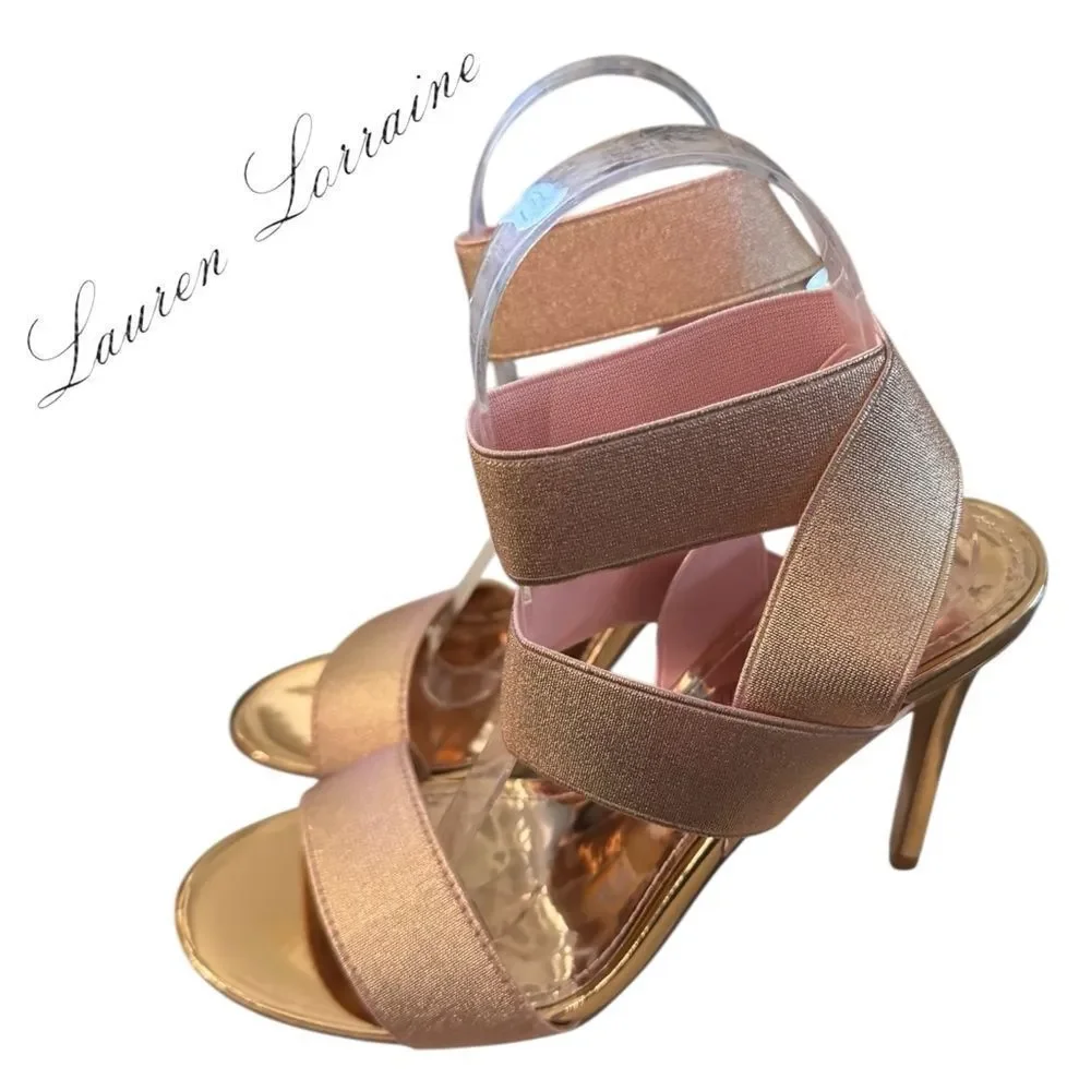New Lauren Lorraine “Dallas” Shimmering Rose Gold Stiletto Sandals 7
